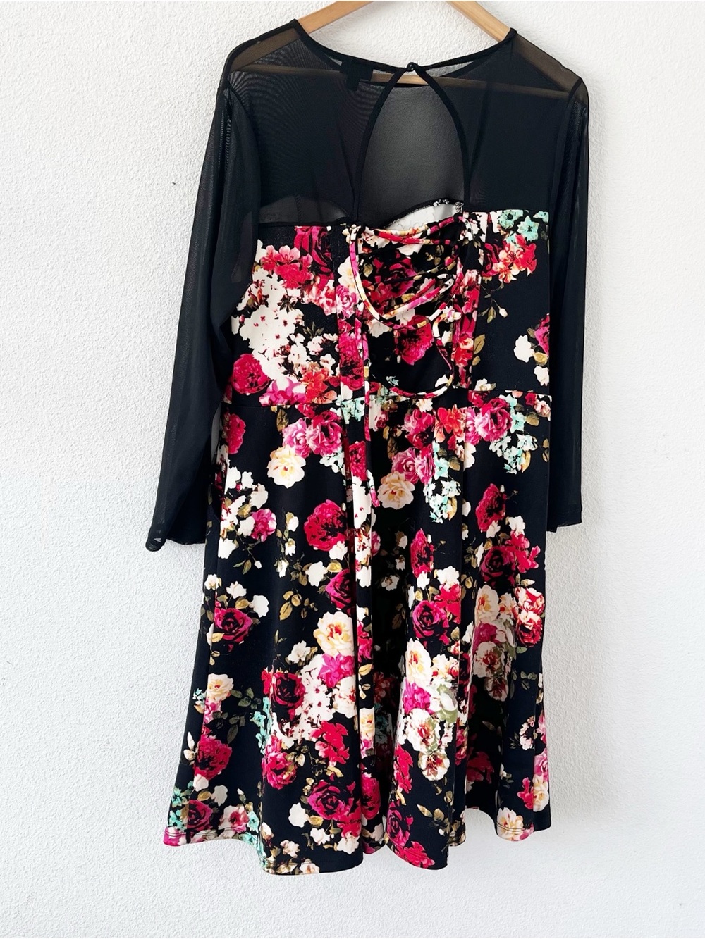 Torrid Floral Fit & Flare Floral Black Mesh Sleeve Pockets Scuba Mini Dress - Picture 8 of 11